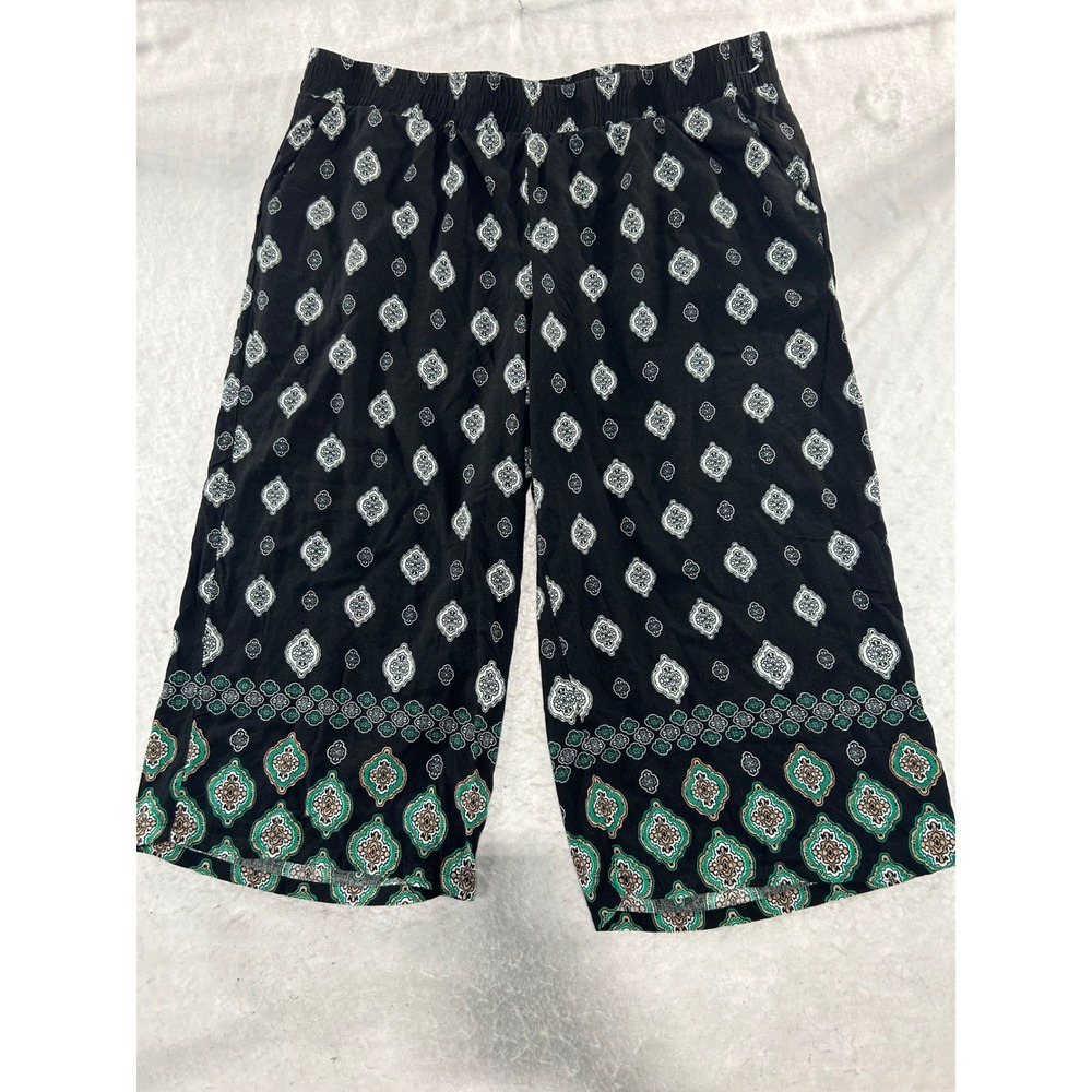Dana Buchman XL Black Green Medallion Tile Print Wide Leg Cropped Pants Culottes